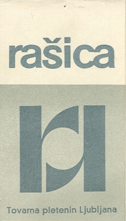 Mojca Vogelnik: Etiketa Rašica - tovarna pletenin Ljubljana, (54 x 94 mm), 1964, Vir foto: MAO, zapuščina Mojce Vogelnik