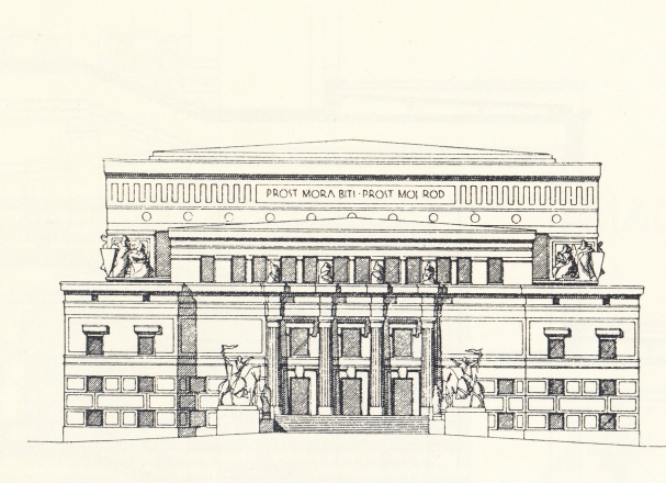 Lidija Podbregar Vasle: Načrt za Ljudsko skupščino LRS v Ljubljani, 1947, Vir foto: Zbornik oddelka za arhitekturo na Univerzi v Ljubljani, 1946–1947 (ur. Marjan Mušič in France Ivanšek), Ljubljana 1948, str. 114