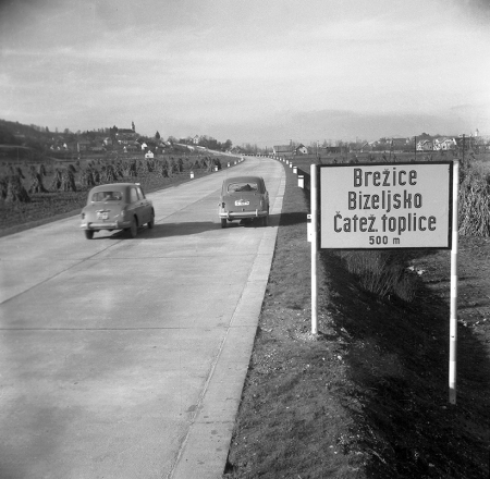 Neda Dobovišek: The newly built section of the Road of Brotherhood and Unity Ljubljana-Zagreb near Brežice, around 1958, photo: National Museum of Contemporary History of Slovenia